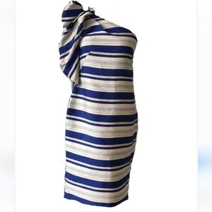 New Banana Republic Size 4 $185 fitted Dress blue Stripe One-Shoulder Bow Lined
